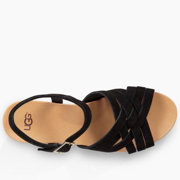 UGG Uma Black Suede Leather Cork Wedge Platform Heels Sandal Ankle Strap 9.5 - Picture 5 of 16